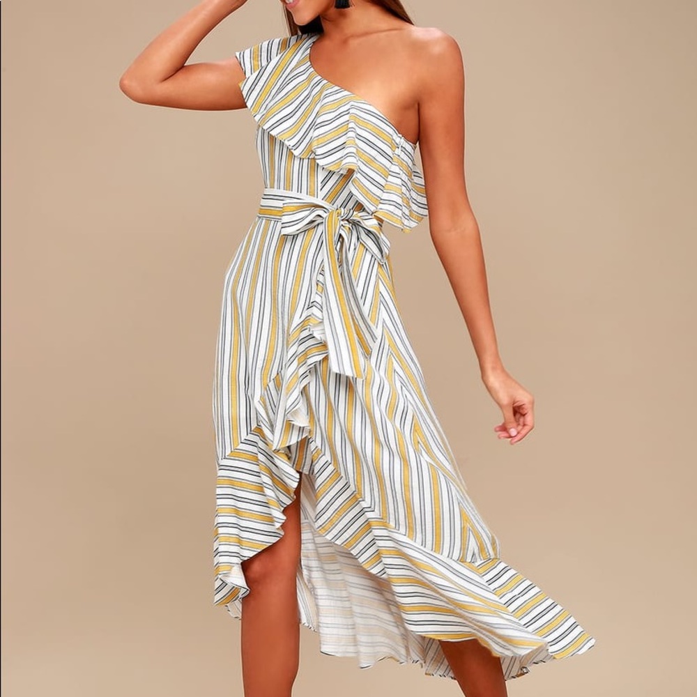 Yellow Striped One Shoulder Midi Dress